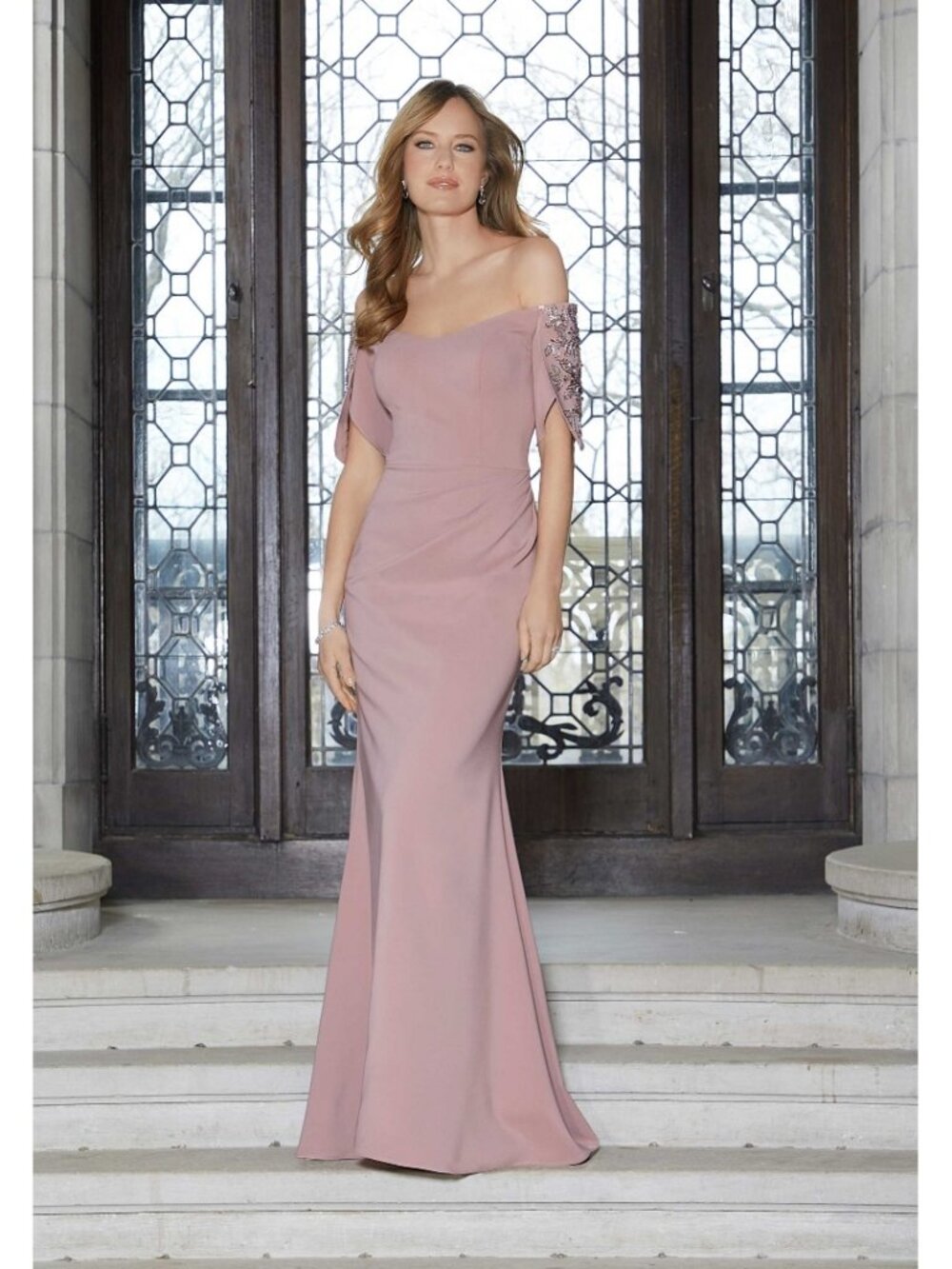 Blush/Rose Mother of the Bride Gown  Sequined Off Shoulder Sleeves MGNY 72613